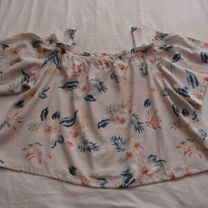 Cream & Multi-Color FLORAL Print COLD-SHOULDER LINEN Blend BLOUSE Sz 2X -NWT-